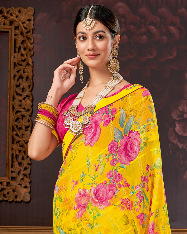 Vishal Prints Yellow Printed Georgette Saree With Fancy Border