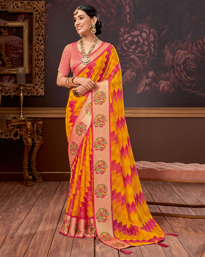 Vishal Prints Yellowish Orange Printed Designer Chiffon Saree With Tassel