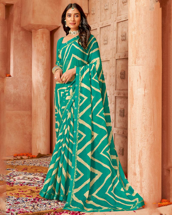 Vishal Prints Teal Green Printed Chiffon Saree With Fancy Border