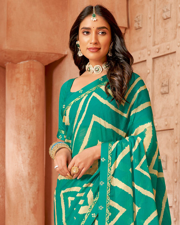 Vishal Prints Teal Green Printed Chiffon Saree With Fancy Border