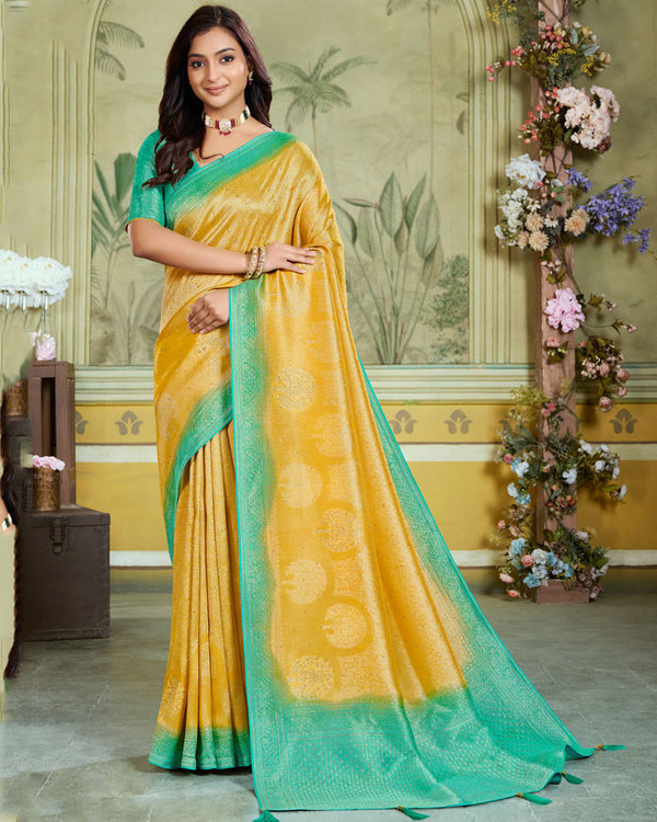 Vishal Prints Mustard Yellow Designer Dola Silk Saree With Weaving And Diamond Work