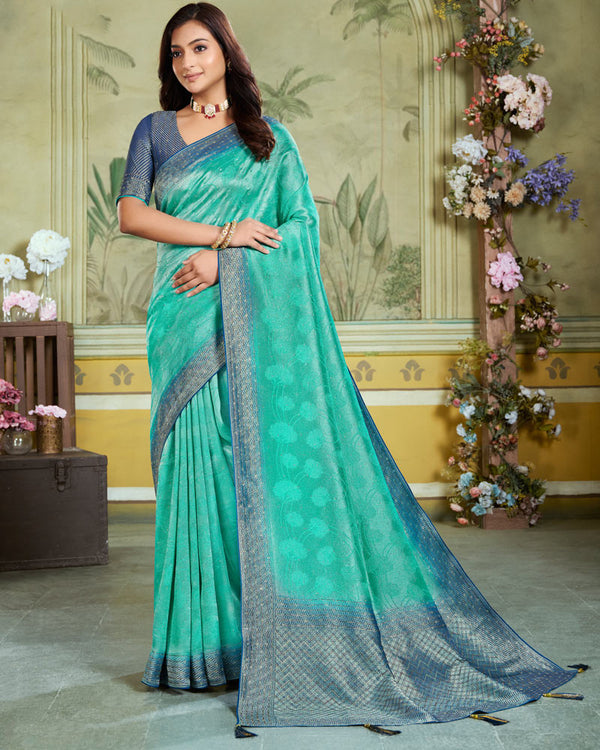 Vishal Prints Aqua Green Designer Dola Silk Saree With Weaving And Diamond Work