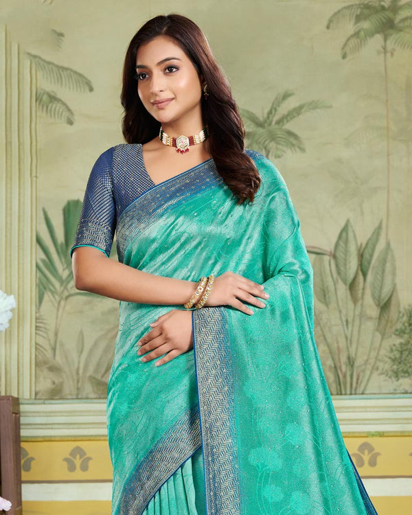 Vishal Prints Aqua Green Designer Dola Silk Saree With Weaving And Diamond Work