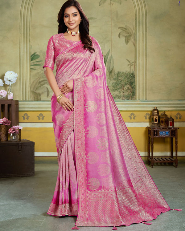 Vishal Prints Royal Pink Designer Dola Silk Saree With Weaving And Diamond Work