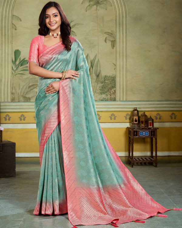 Vishal Prints Mist Green Designer Dola Silk Saree With Weaving And Diamond Work