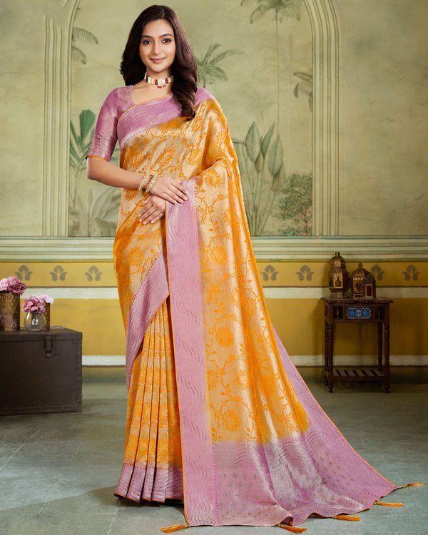 Vishal Prints Mustard Designer Dola Silk Saree With Weaving And Diamond Work