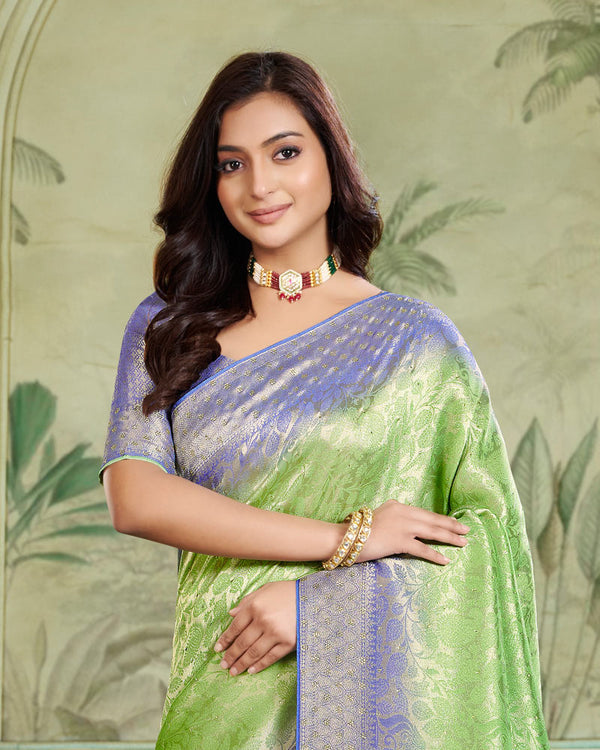 Vishal Prints Green Smoke Designer Dola Silk Saree With Weaving And Diamond Work