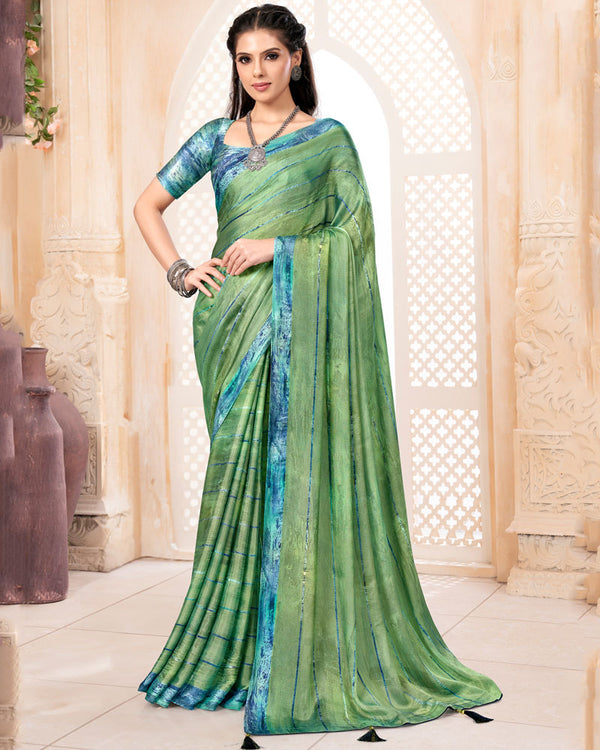 Vishal Prints Sage Green Digital Print Patterned Brasso Saree With Weaved Satin Border