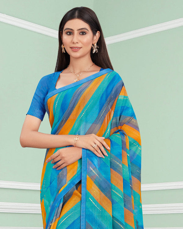 Vishal Prints Blue Digital Print Chiffon Saree With Foil Print And Tassel