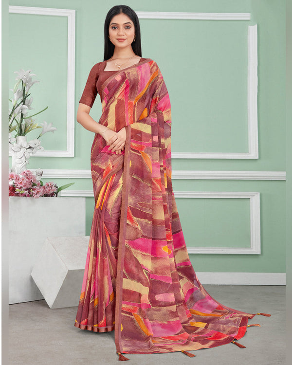 Vishal Prints Sanguine Brown Digital Print Chiffon Saree With Foil Print And Tassel