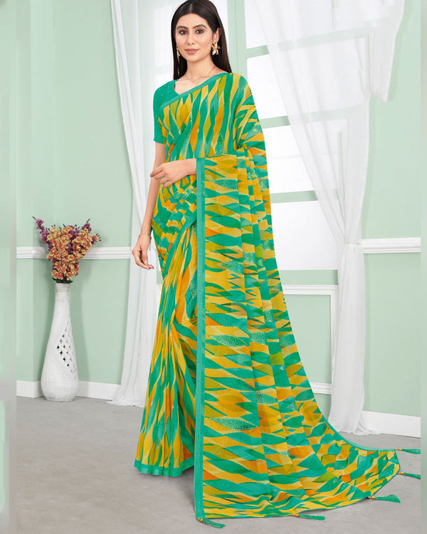 Vishal Prints Aqua Green Digital Print Chiffon Saree With Foil Print And Tassel