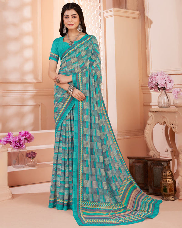 Vishal Prints Dark Turquoise Blue Digital Print Criva Crepe Saree