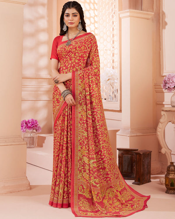 Vishal Prints Cherry Red Digital Print Criva Crepe Saree