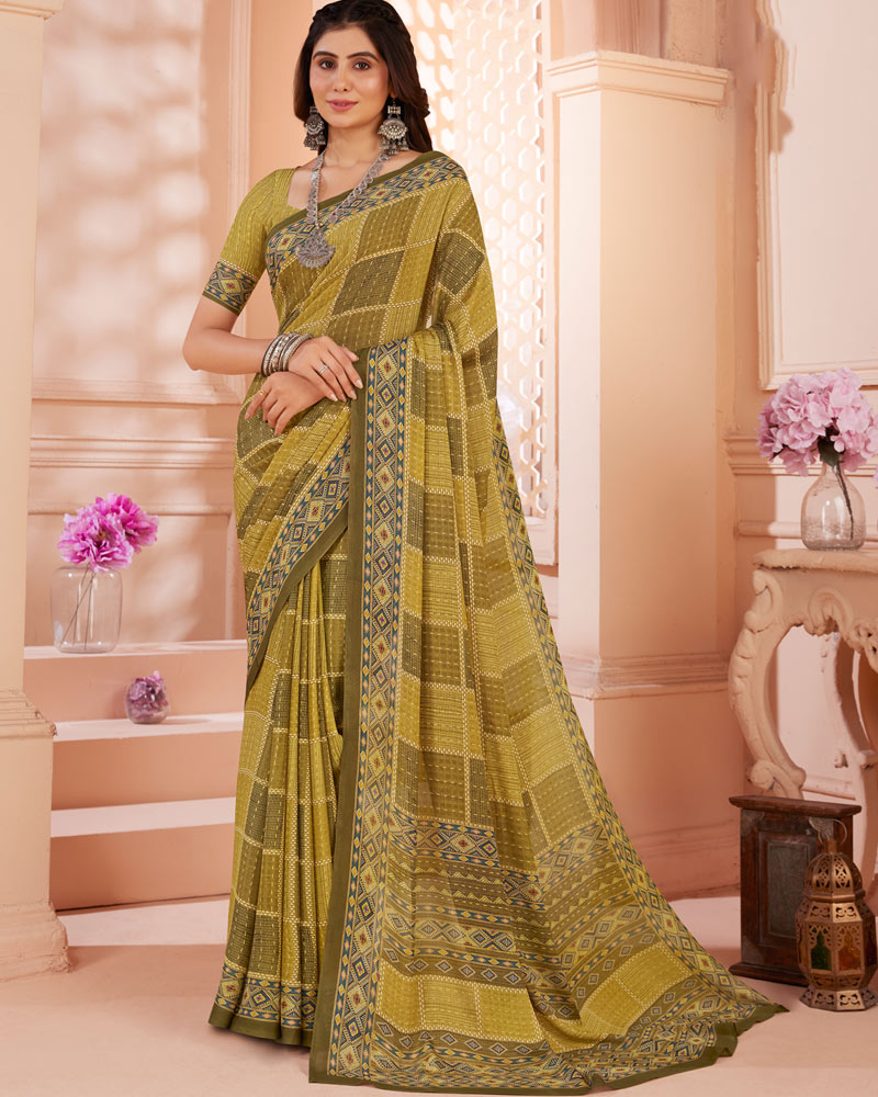 Vishal Prints Dark Mustard Digital Print Criva Crepe Saree