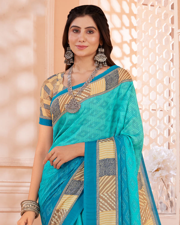 Vishal Prints Turquoise Blue Digital Print Criva Crepe Saree