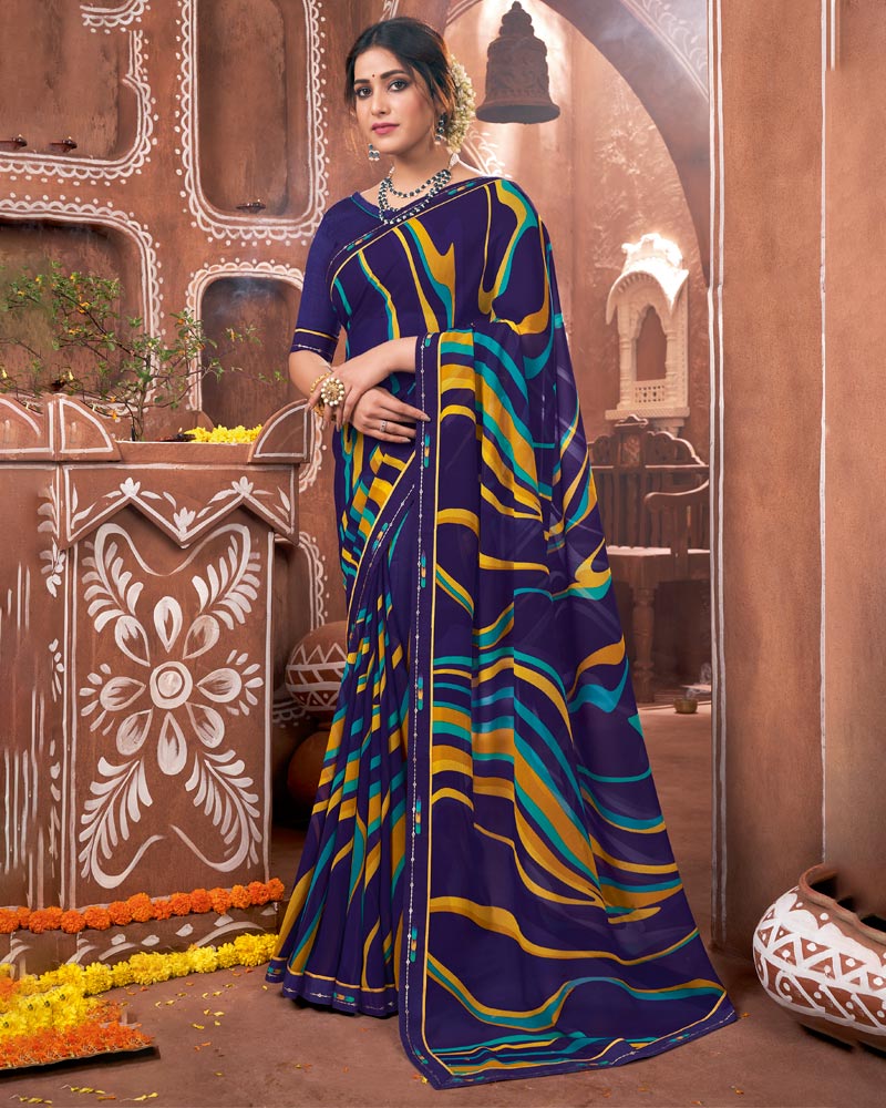 Vishal Prints Navy Blue Printed Georgette Saree With Border