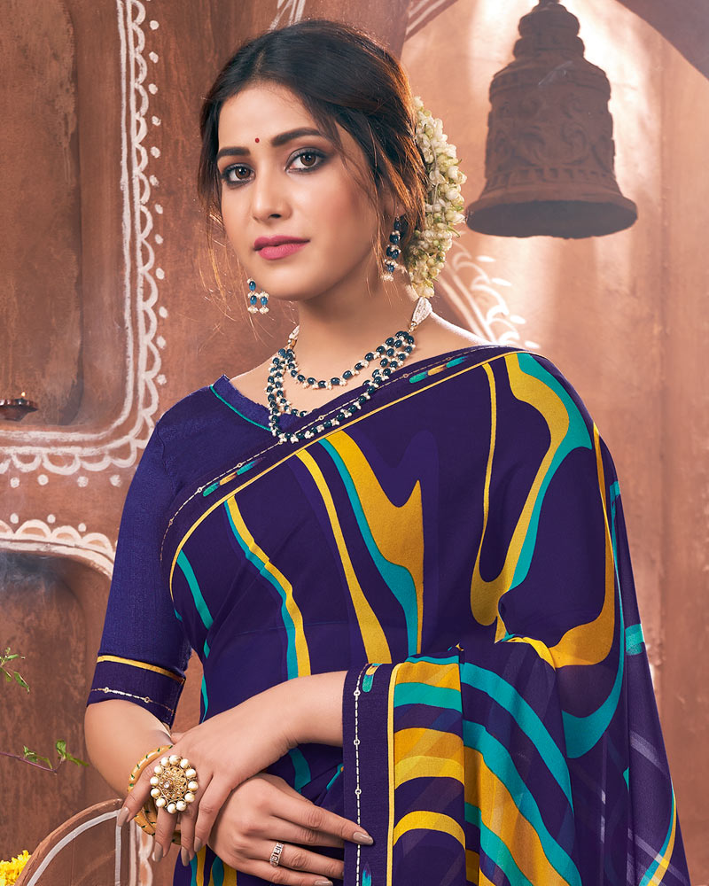 Vishal Prints Navy Blue Printed Georgette Saree With Border