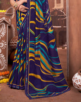 Vishal Prints Navy Blue Printed Georgette Saree With Border