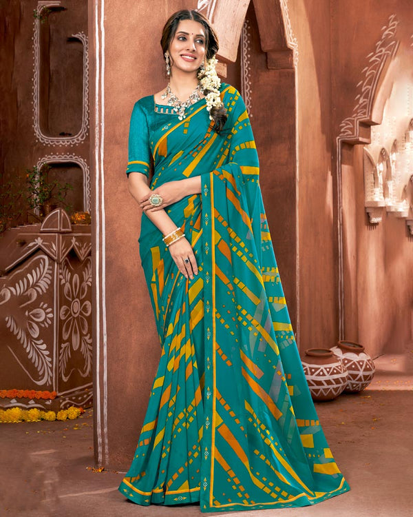 Vishal Prints Teal Blue Printed Georgette Saree With Border