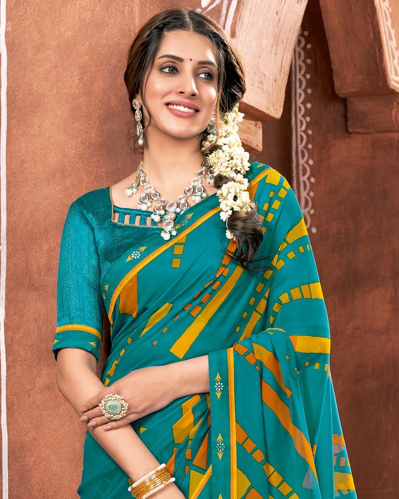 Vishal Prints Teal Blue Printed Georgette Saree With Border