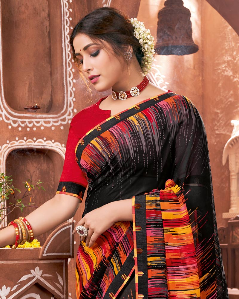 Vishal Prints Black Printed Georgette Saree With Border