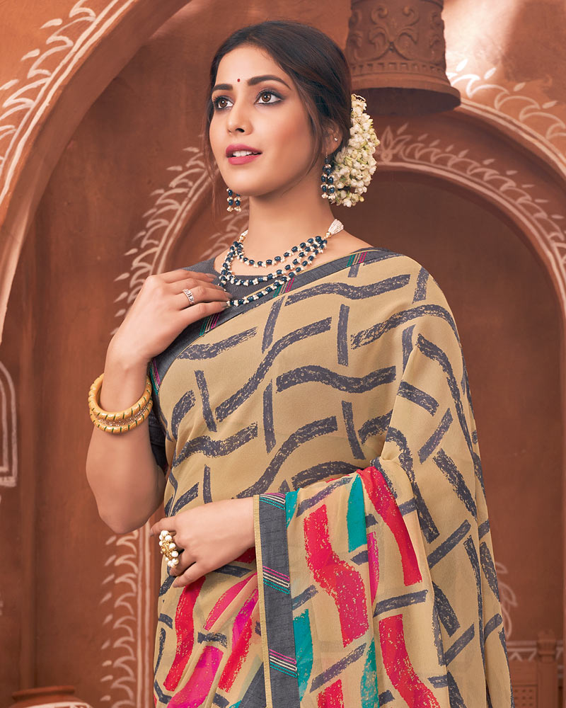 Vishal Prints Sand Brown Printed Georgette Saree With Border