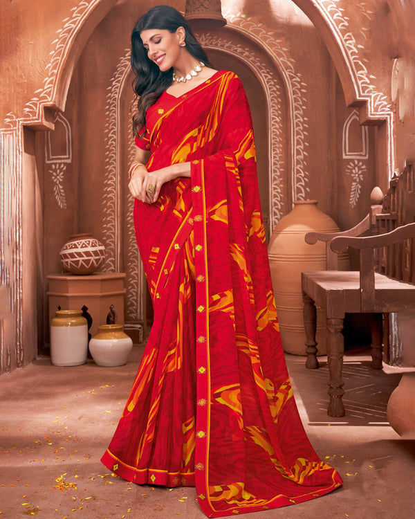 Vishal Prints Cherry Red Printed Georgette Saree With Border