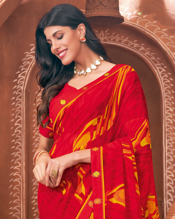 Vishal Prints Cherry Red Printed Georgette Saree With Border