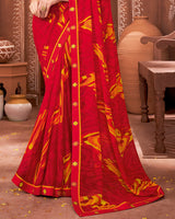 Vishal Prints Cherry Red Printed Georgette Saree With Border