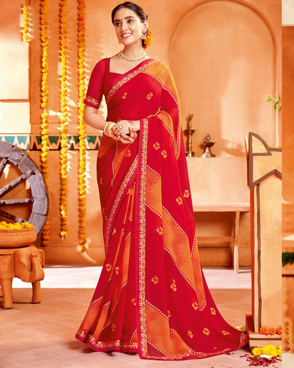 Vishal Prints Cherry Red Printed Georgette Saree With Border