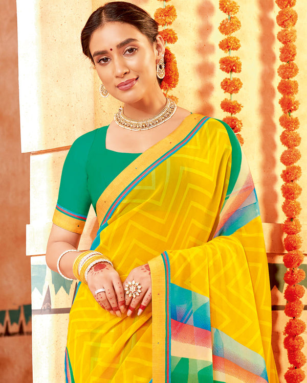 Vishal Prints Yellow Printed Georgette Saree With Border