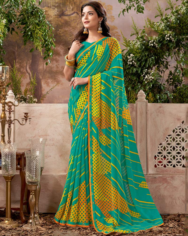 Vishal Prints Aqua Green Printed Georgette Saree With Fancy Border