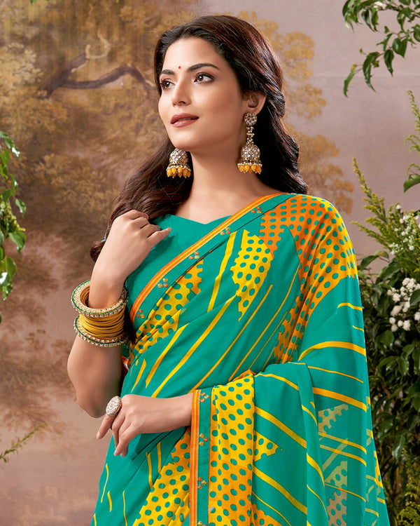 Vishal Prints Aqua Green Printed Georgette Saree With Fancy Border