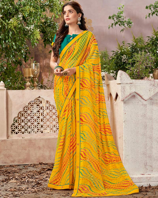 Vishal Prints Dark Yellow Printed Georgette Saree With Fancy Border