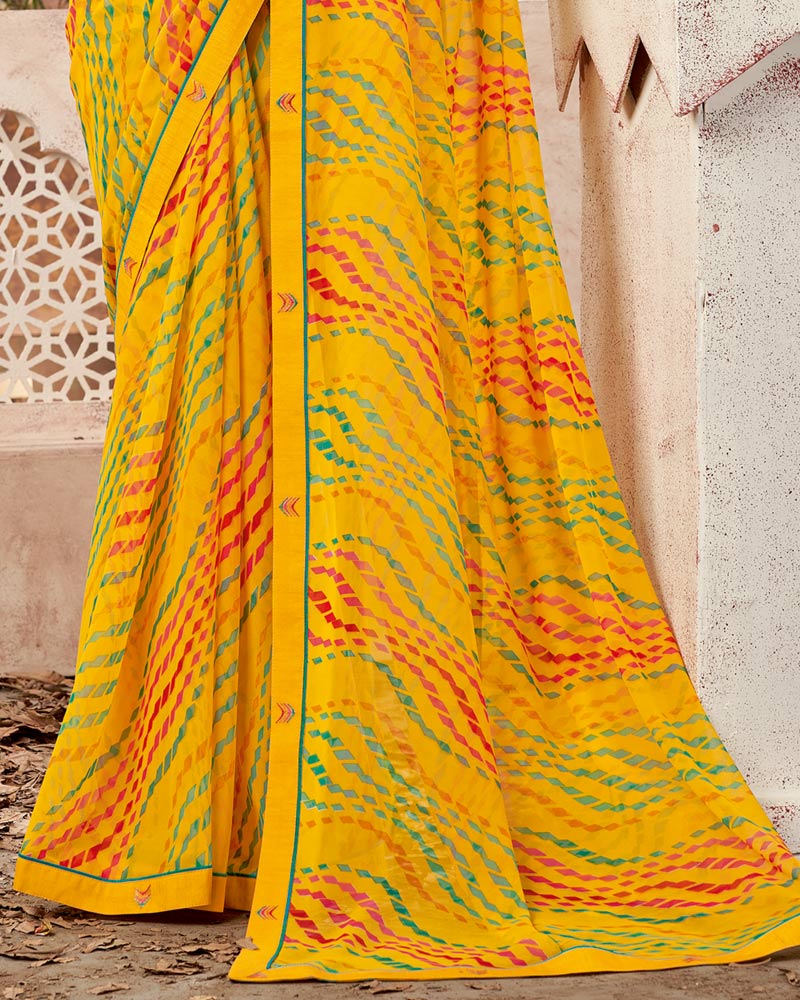 Vishal Prints Dark Yellow Printed Georgette Saree With Fancy Border