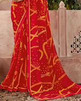 Vishal Prints Cherry Red Printed Georgette Saree With Fancy Border