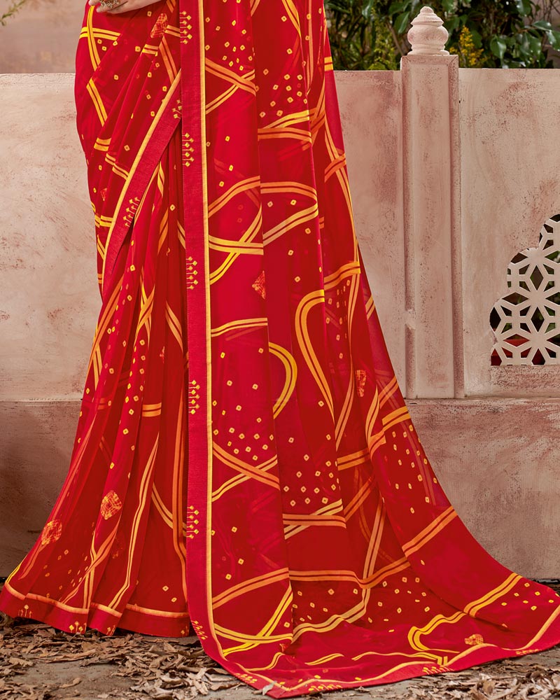 Vishal Prints Cherry Red Printed Georgette Saree With Fancy Border