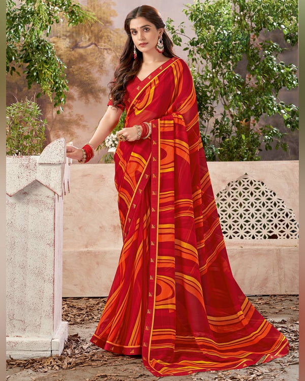 Vishal Prints Cherry Red Printed Georgette Saree With Fancy Border