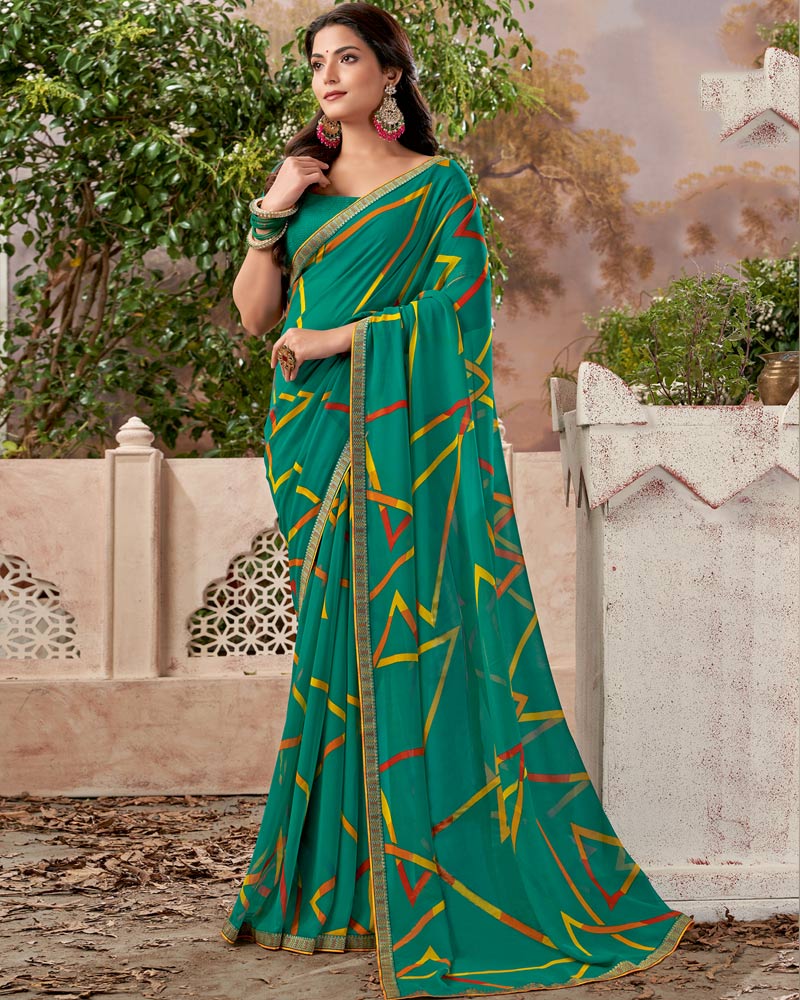 Vishal Prints Teal Green Printed Georgette Saree With Fancy Border