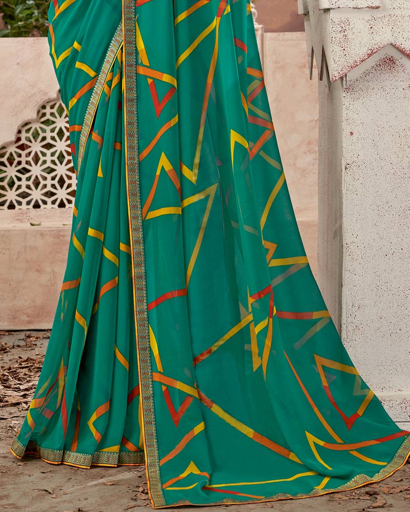 Vishal Prints Teal Green Printed Georgette Saree With Fancy Border