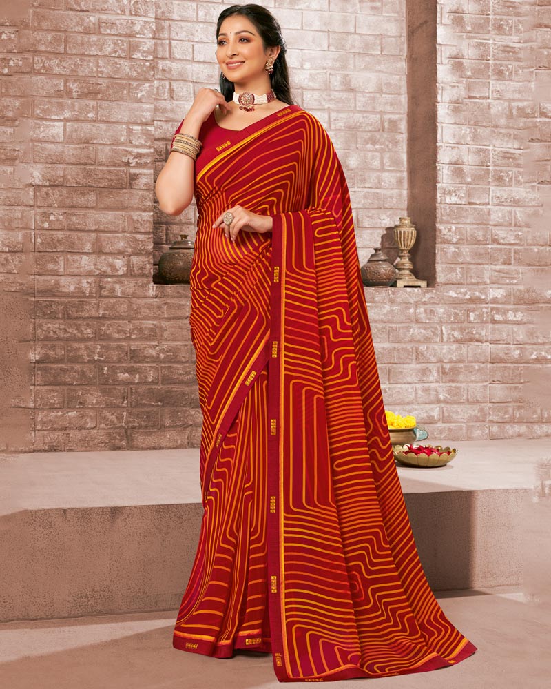 Vishal Prints Dark Red Printed Georgette Saree With Fancy Border