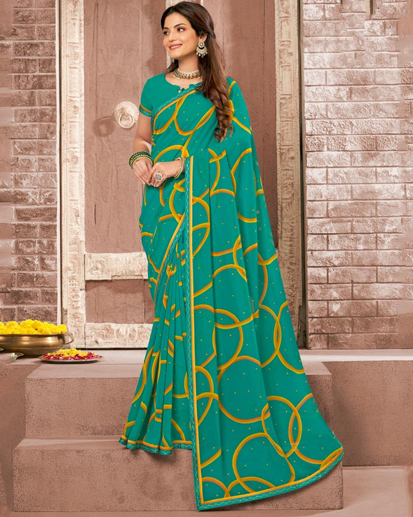 Vishal Prints Teal Green Printed Georgette Saree With Fancy Border