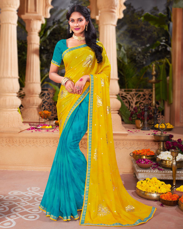 Vishal Prints Yellow Printed Chiffon Saree With Foil Print And Fancy Border