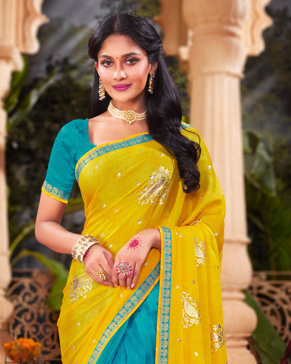 Vishal Prints Yellow Printed Chiffon Saree With Foil Print And Fancy Border