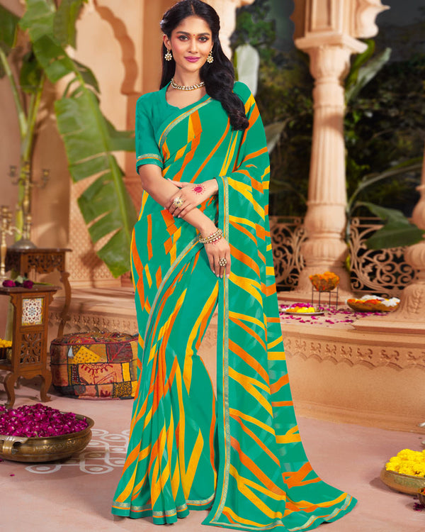 Vishal Prints Aqua Green Printed Georgette Saree With Fancy Border