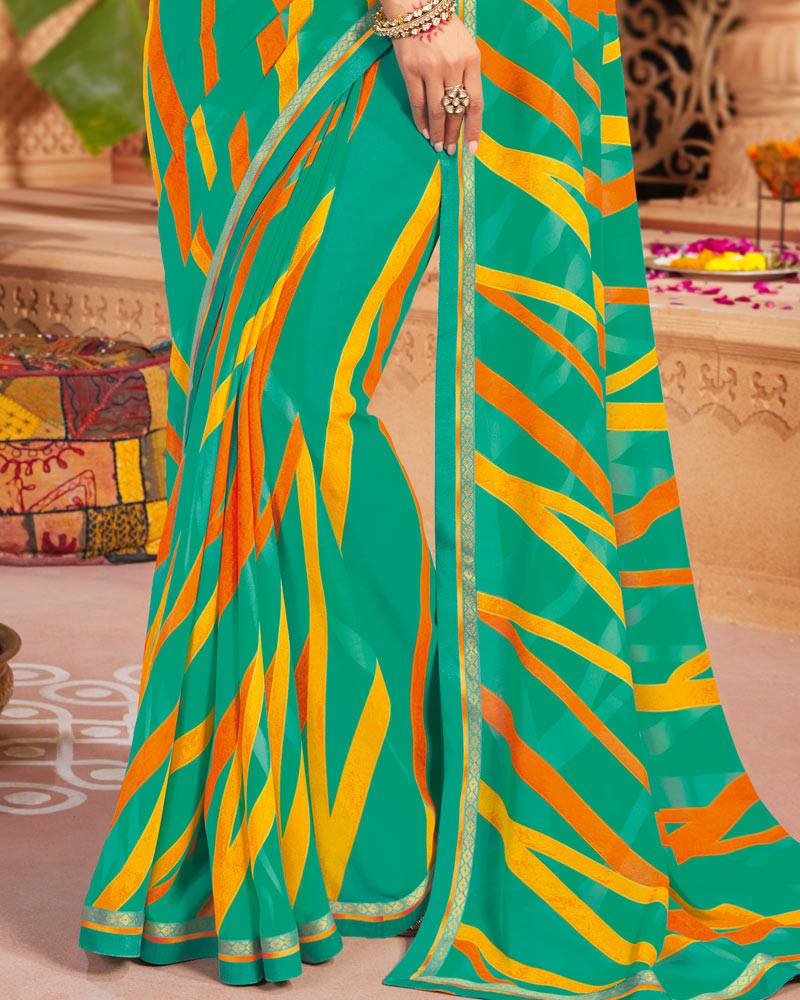 Vishal Prints Aqua Green Printed Georgette Saree With Fancy Border