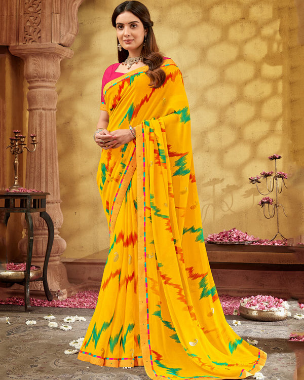 Vishal Prints Dark Yellow Printed Georgette Saree With Foil Print And Fancy Border