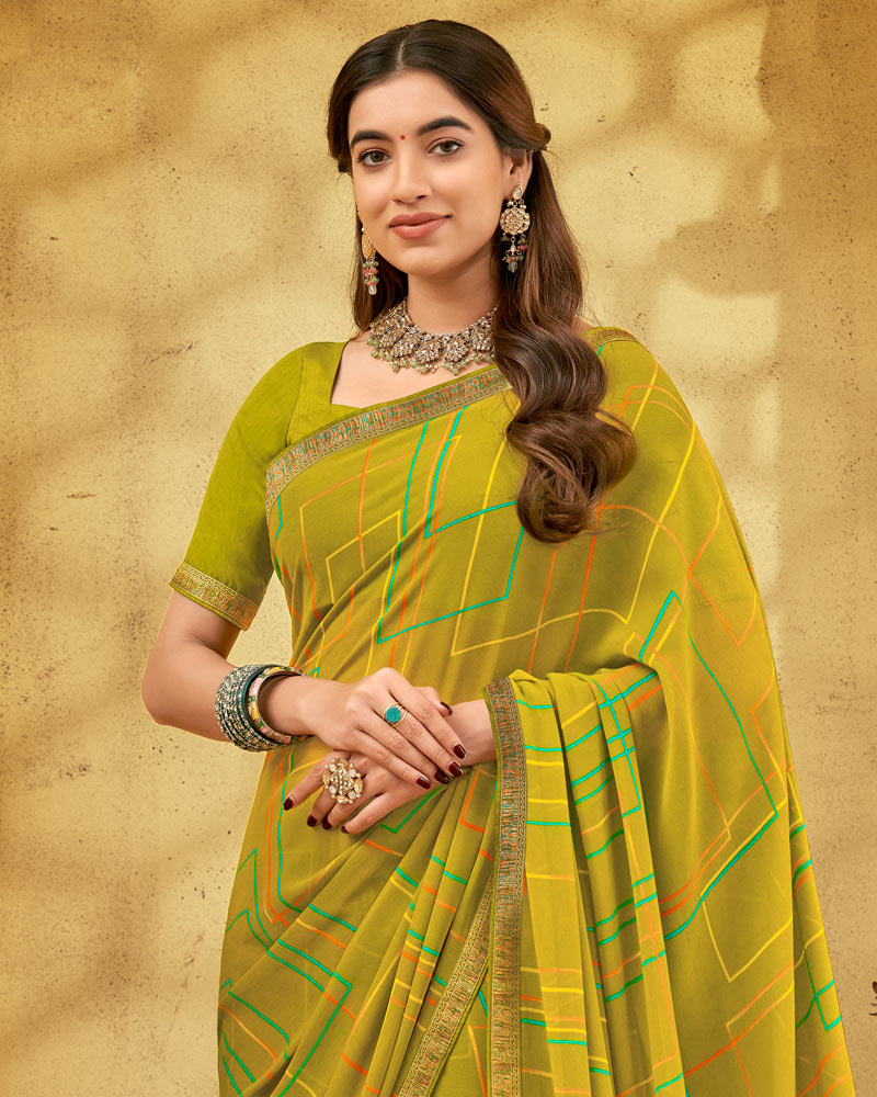 Vishal Prints Olive Green Printed Georgette Saree With Fancy Border