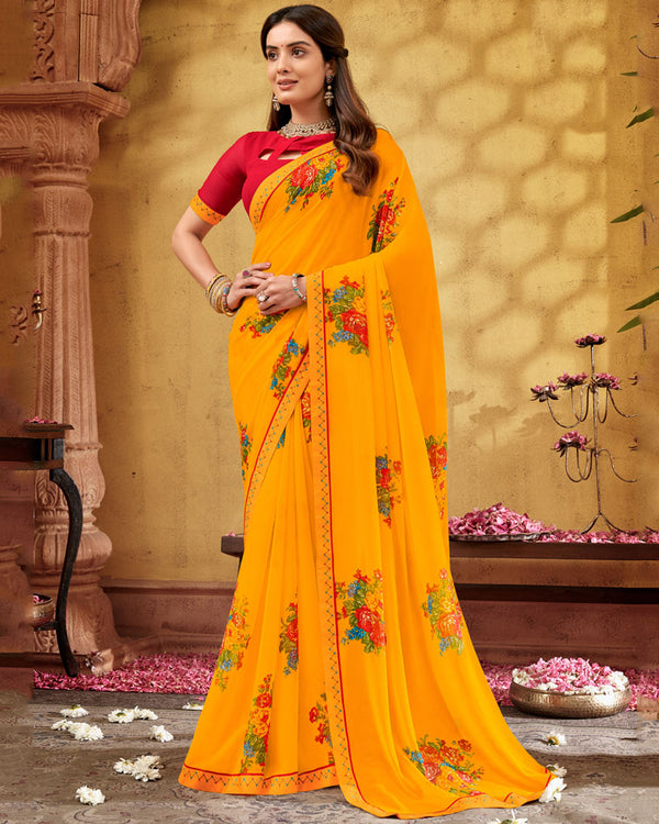 Vishal Prints Saffron Color Printed Georgette Saree With Fancy Border