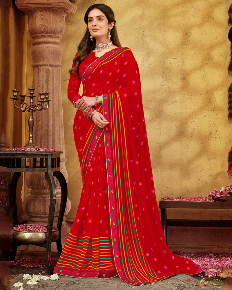 Vishal Prints Cherry Red Printed Georgette Saree With Fancy Border